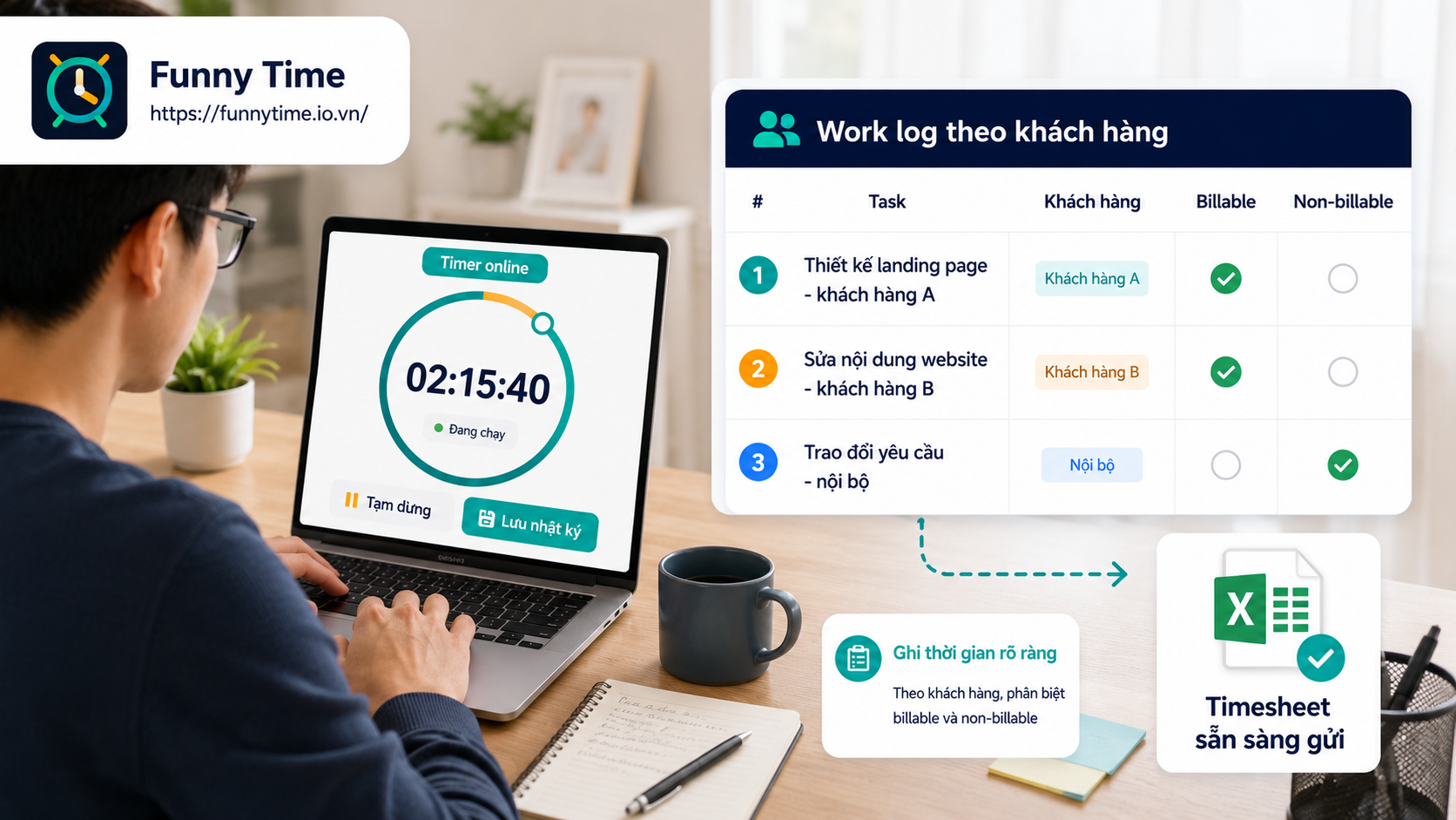 Freelancer dùng timer online để ghi giờ làm và chuẩn bị timesheet