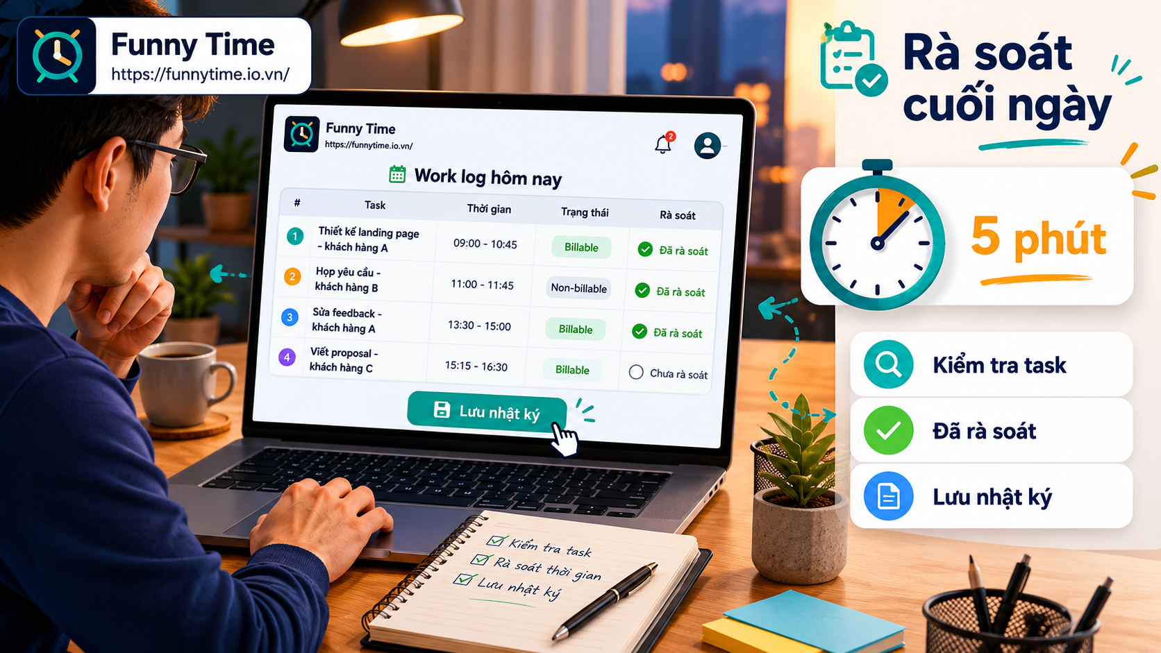 Tổng kết log công việc cuối ngày trong 5 phút bằng timer online
