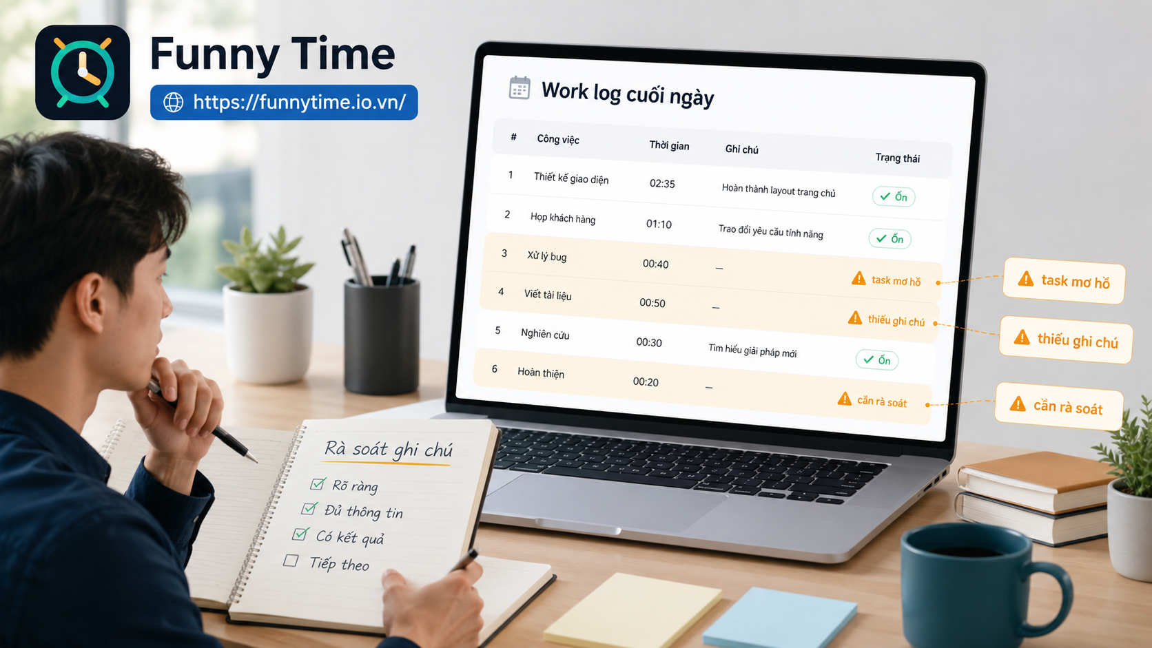 Bảng work log cuối ngày có các task mô tả mơ hồ cần rà soát lại