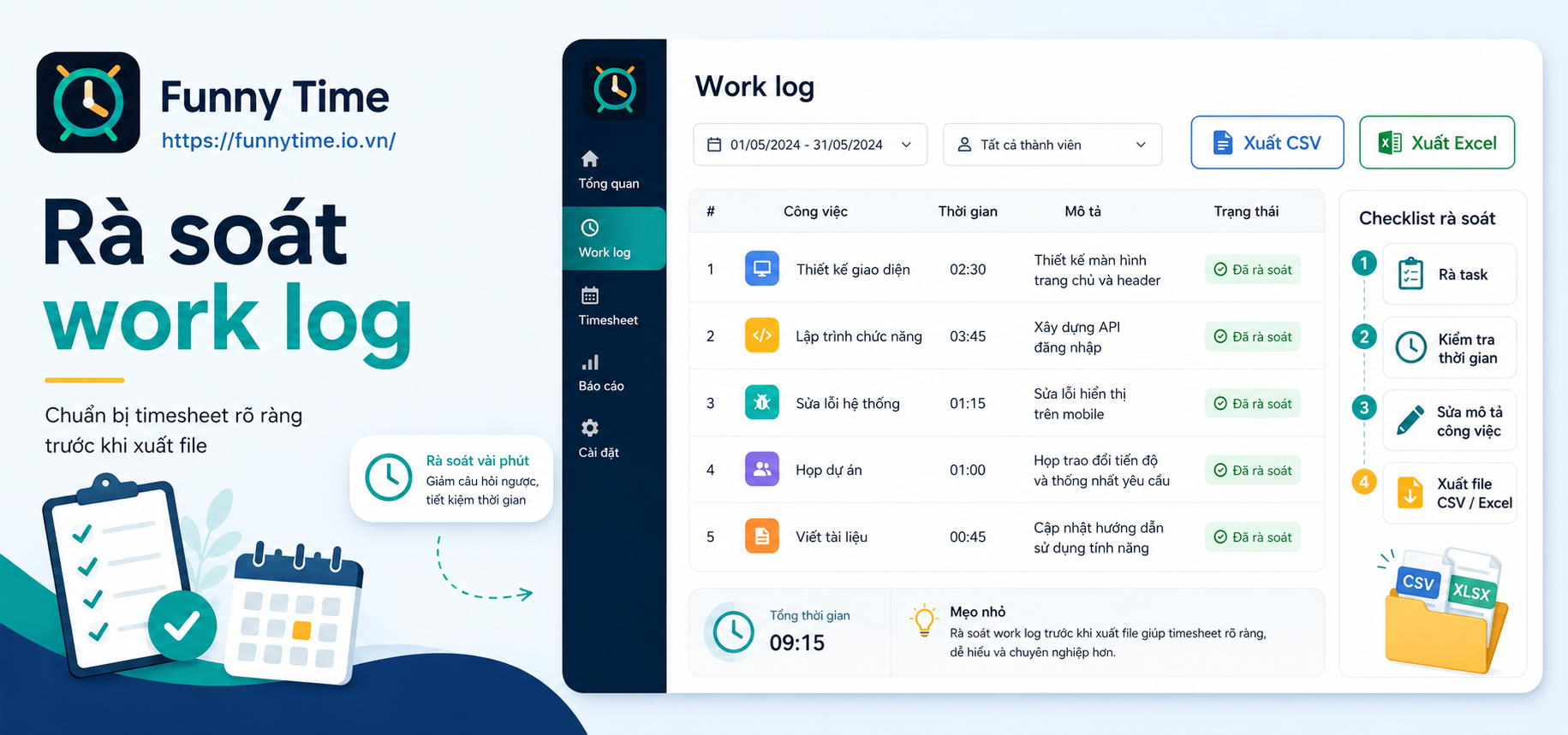 Checklist rà soát work log trước khi xuất timesheet CSV hoặc Excel