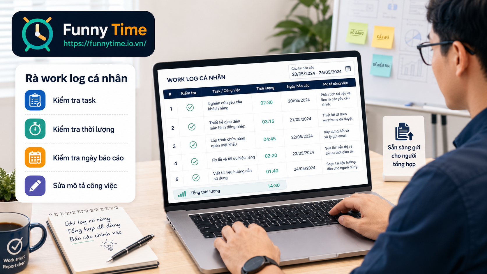 Thành viên nhóm nhỏ rà work log cá nhân trước khi gửi báo cáo giờ làm