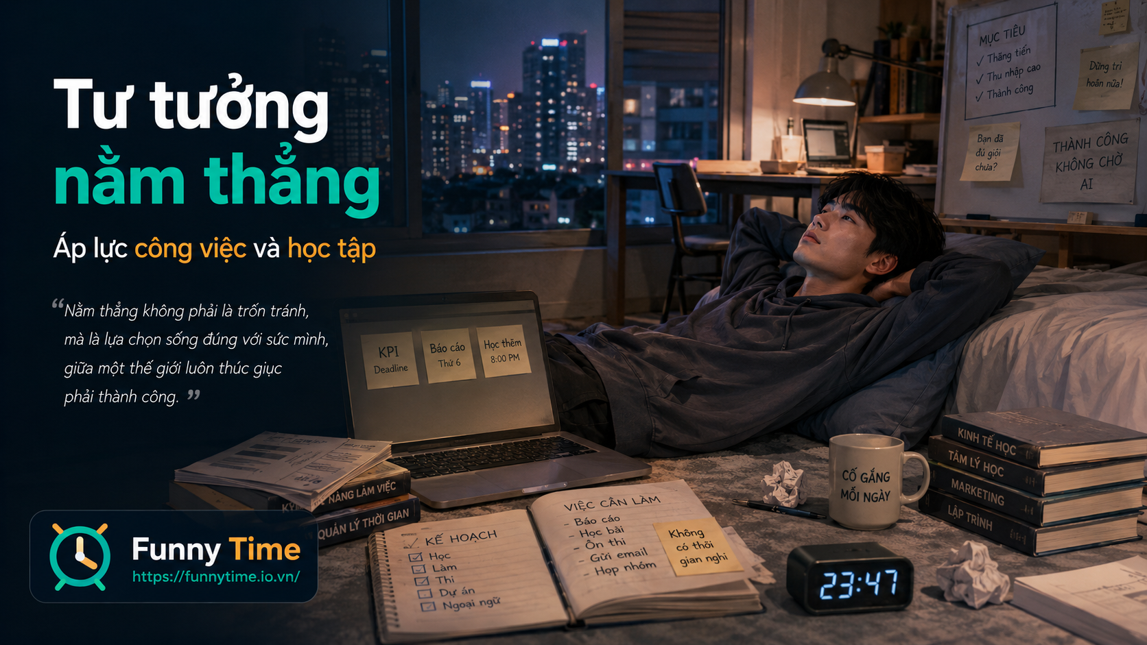 Hình minh họa tư tưởng nằm thẳng của giới trẻ trước áp lực công việc và học tập