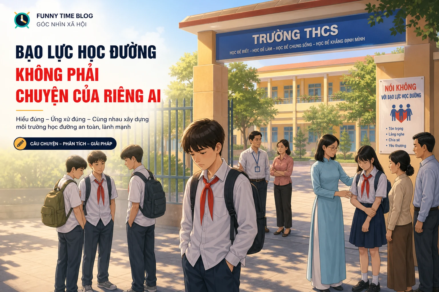Học sinh Việt Nam đứng trước cổng trường trong chủ đề phòng chống bạo lực học đường