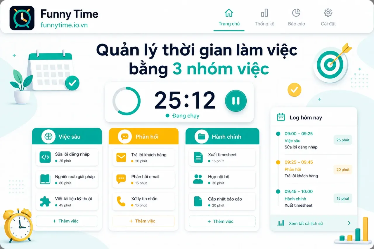 Quản lý thời gian bằng 3 nhóm việc với logo Funny Time