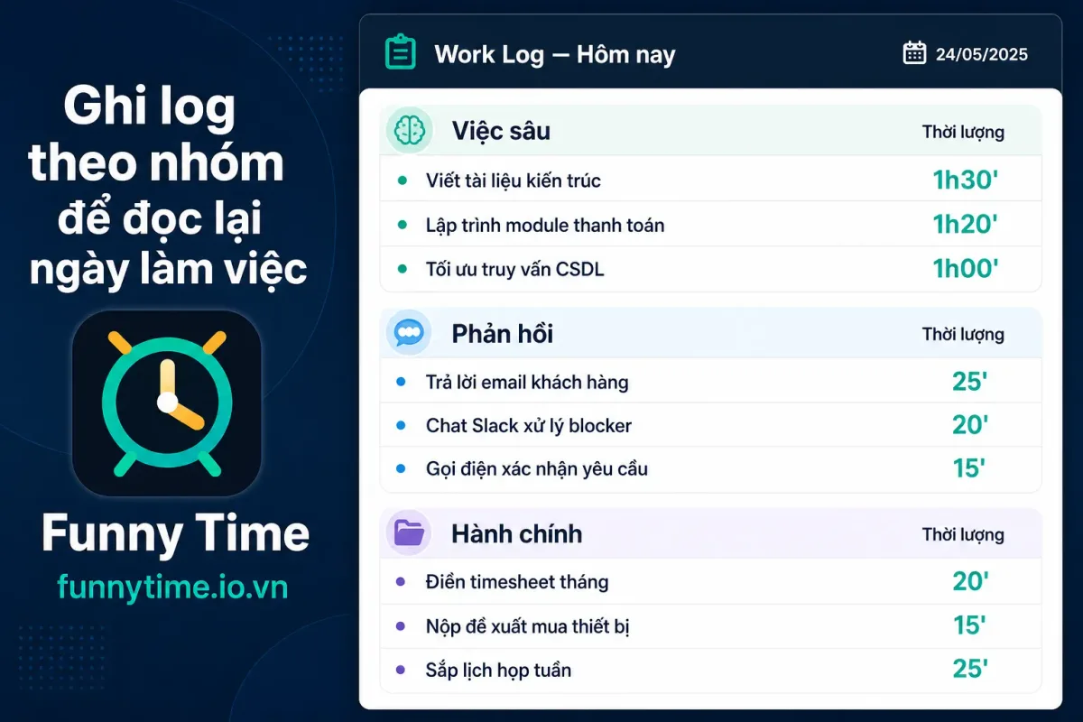 Ba nhóm work log gồm việc sâu phản hồi và hành chính