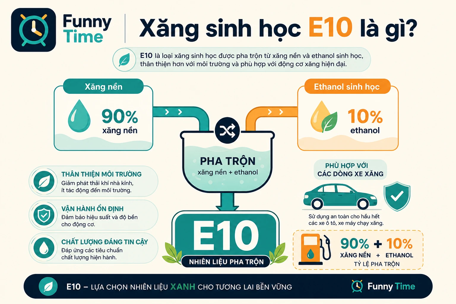 Minh họa xăng sinh học E10 gồm xăng nền phối trộn với ethanol nhiên liệu